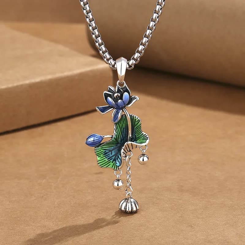Retro smalto Cloisonne collana foglia di loto ciondolo catena maglione lungo stile etnico letterario da donna per regalo collana donna