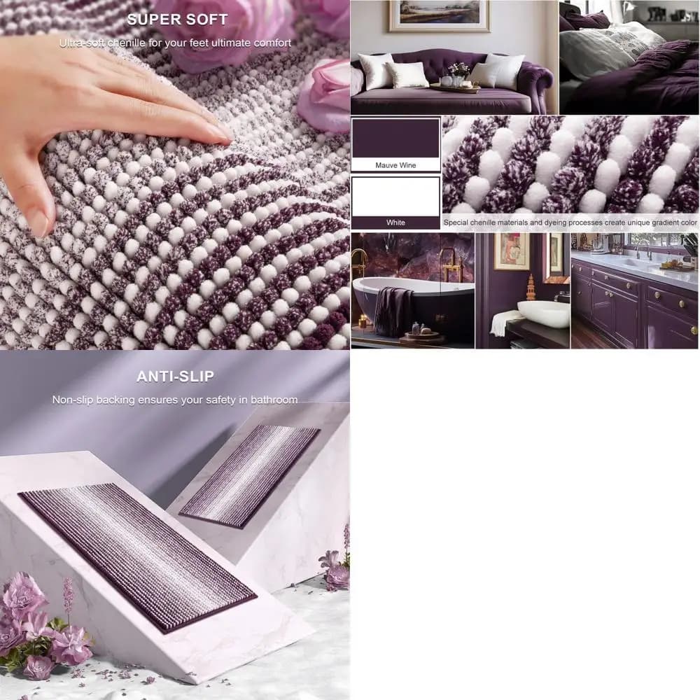 Set tappetino da bagno in ciniglia morbida da 2 pezzi, tappetini assorbenti antiscivolo per bagno, lavabile in lavatrice, vino malva (24x70 + 20x32)
