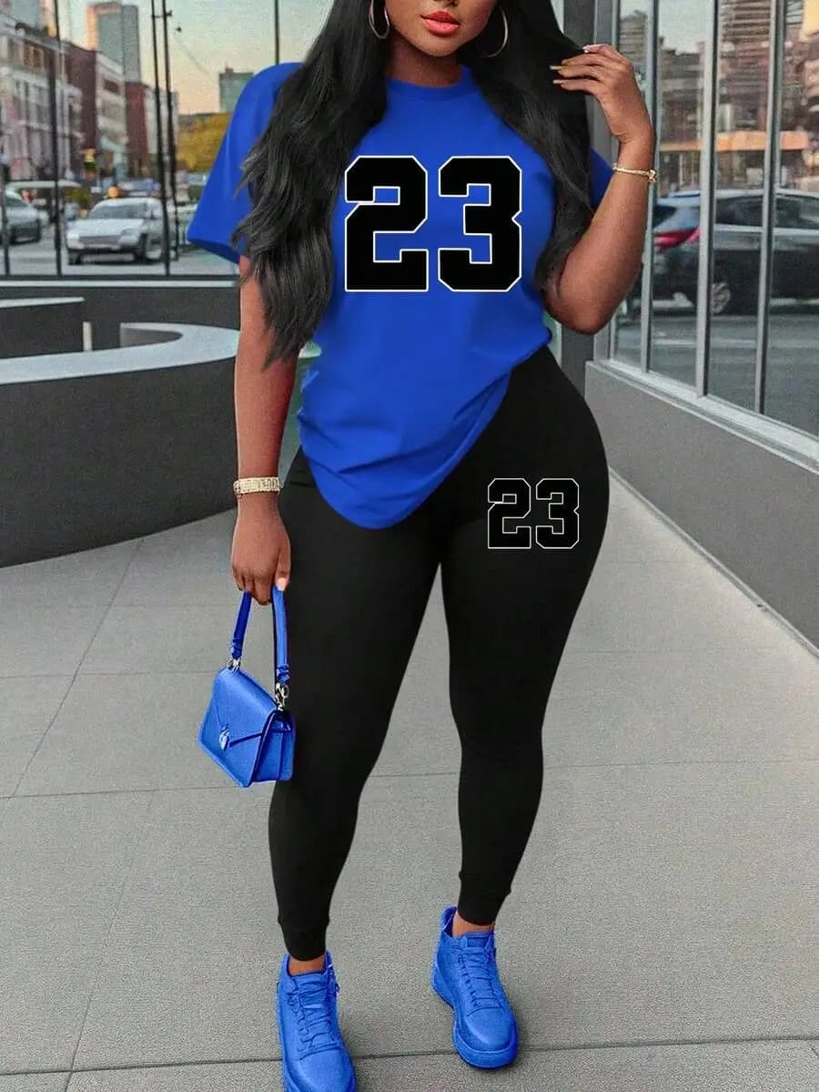 T-shirt con stampa numerica da donna in set da 2 pezzi e abbigliamento casual con leggings