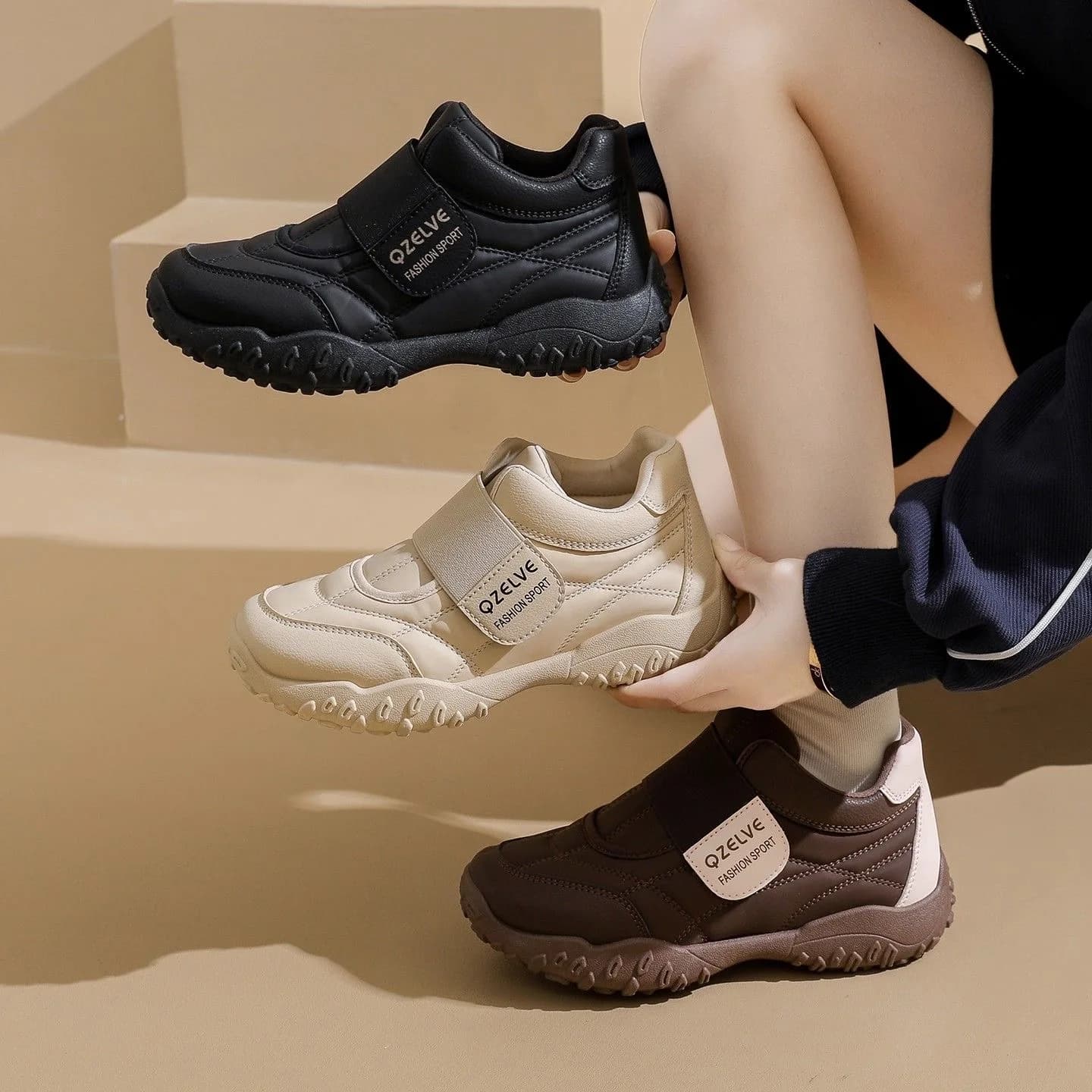 Scarpe Casual, Nuove Sneakers Trendy in Stile Cinese da Donna per Autunno e Inverno, con Suola Spessa e Chiusura in Velcro