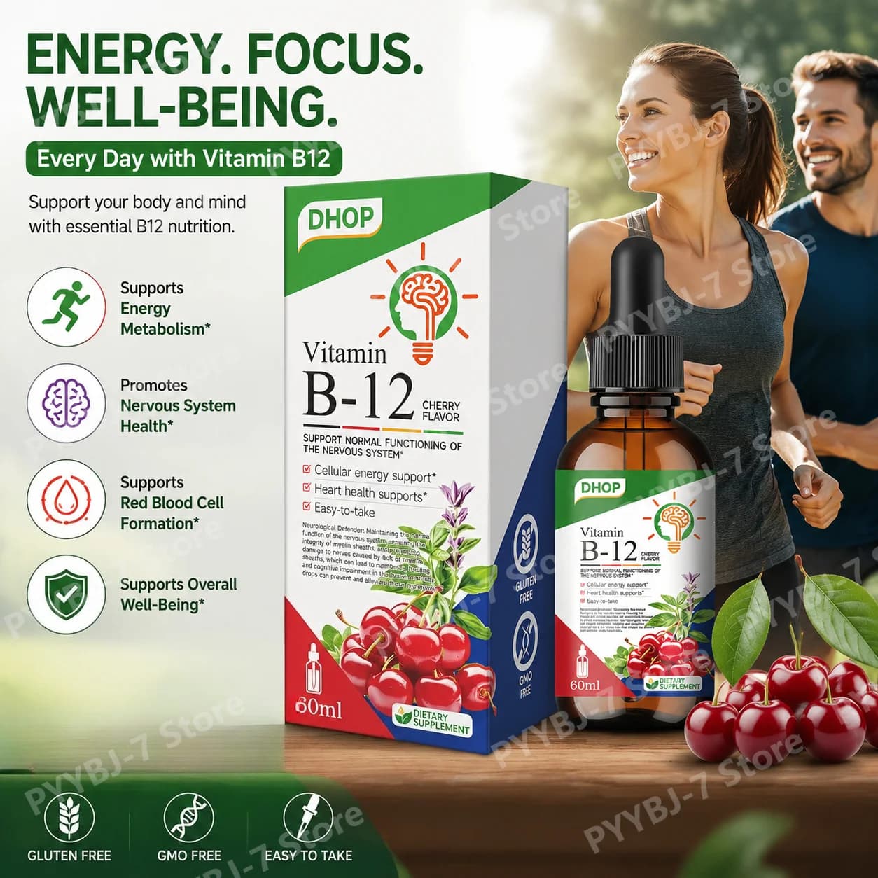 Vitamin B12 5000mcg Liquid Drops Methylcobalamin Cherry Flavor Vegan B12 Supplement Energy Nervous System Support Daily Wellness