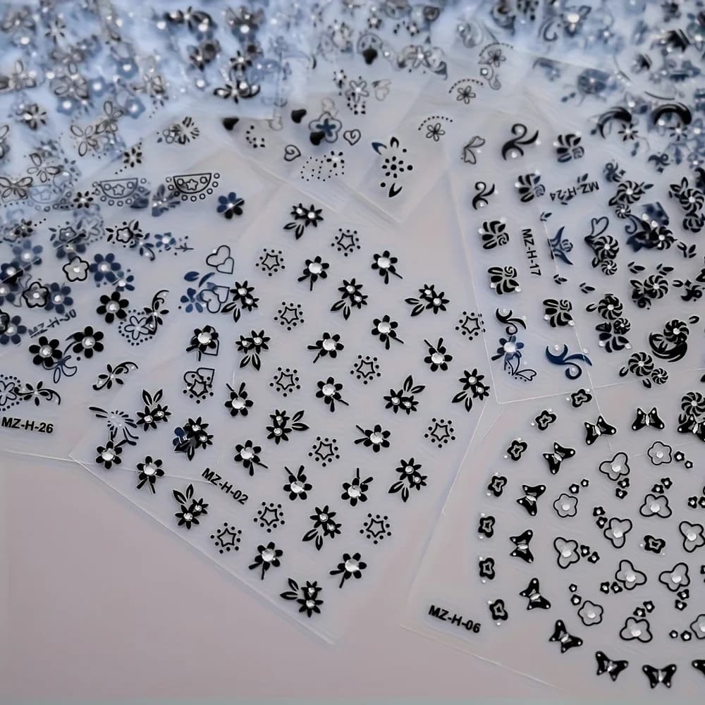 30-Sheet Black Flower Nail Stickers, Shimmer Finish, Glitter Embellishments, Irregular Shapes, Reusable Plastic Nail Art