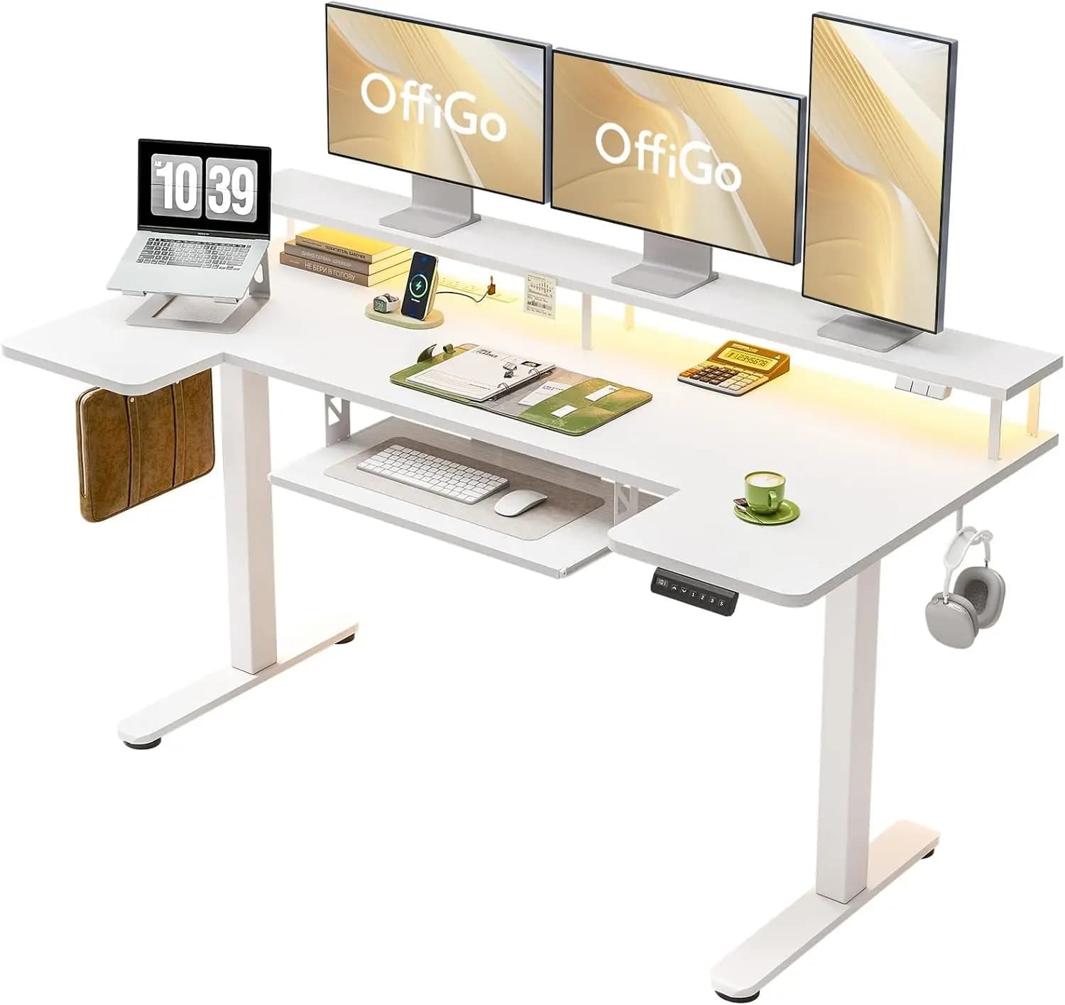 63 Inch U-Shaped Electric Standing Desk with Keyboard Tray, Height Adjustable Sit Stand Table with Power Outlets & LED Lights, Built-in Monitor Stand for Home Office, White