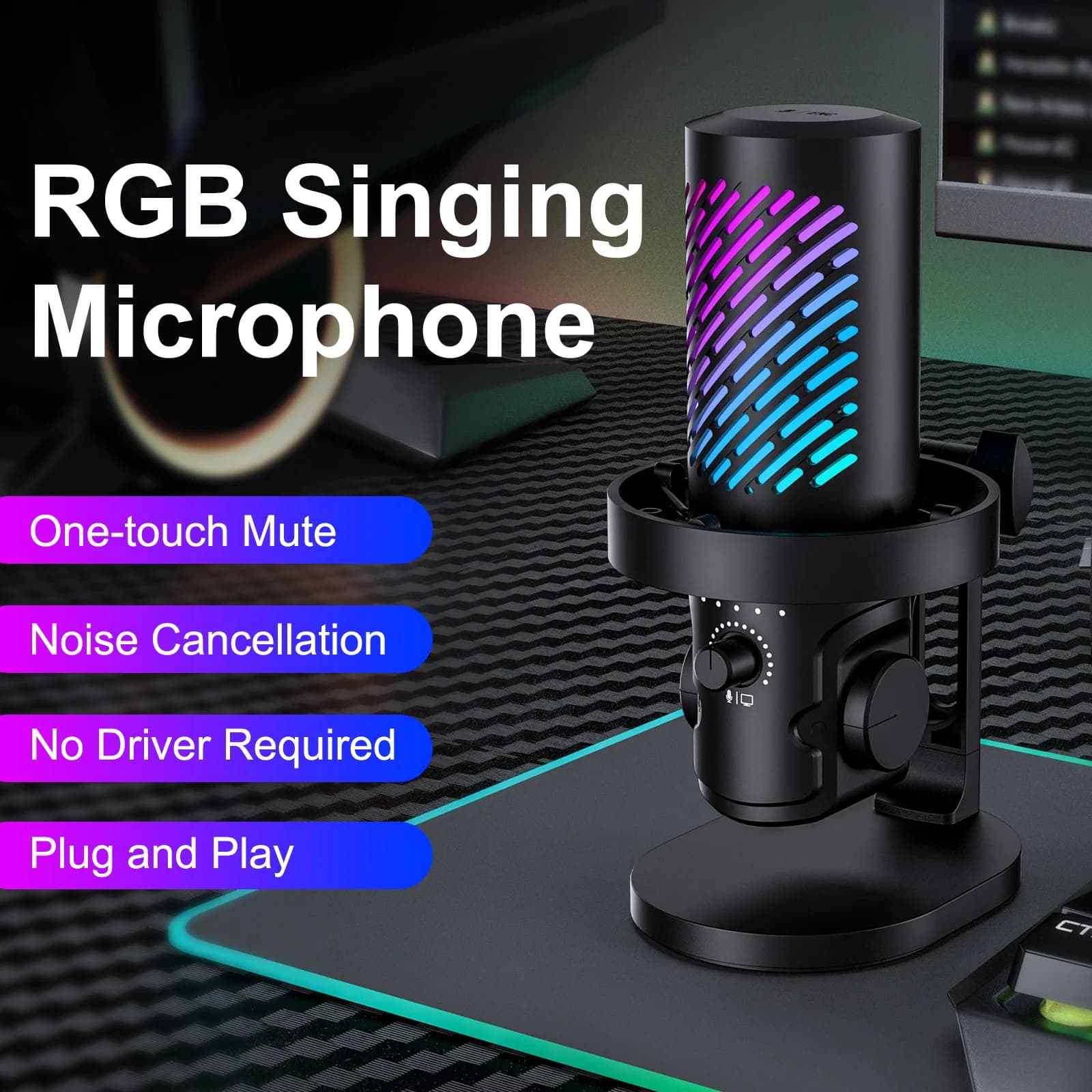 Microfono USB professionale Tenlamp CG1 per streaming su PC con riduzione del rumore, microfono RGB per registrazione, per studio domestico, podcasting, gaming, canto
