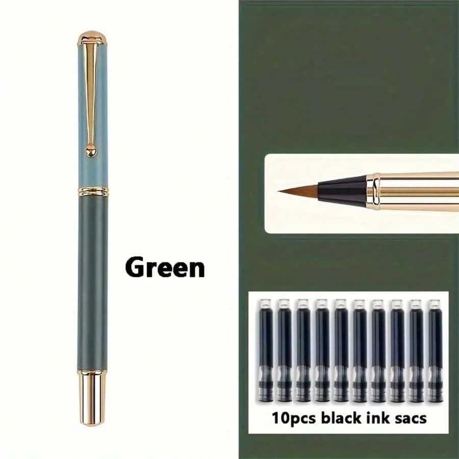 1 pen with smooth writing and portable pen body, 10 black ink cartridges, suitable for beginners to practice soft brush calligra