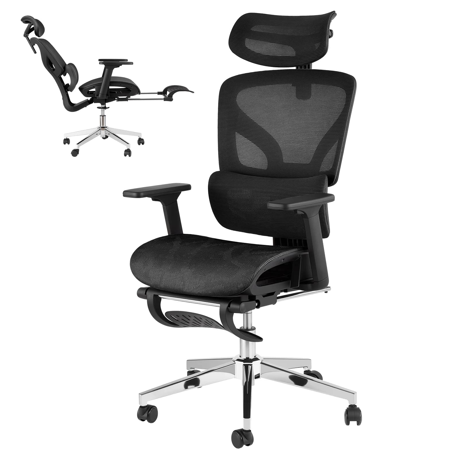 Sedia da ufficio ergonomica con schienale alto in rete – Braccioli regolabili in 3D, supporto lombare, poggiapiedi – Ideale per ufficio domestico, studio, gaming