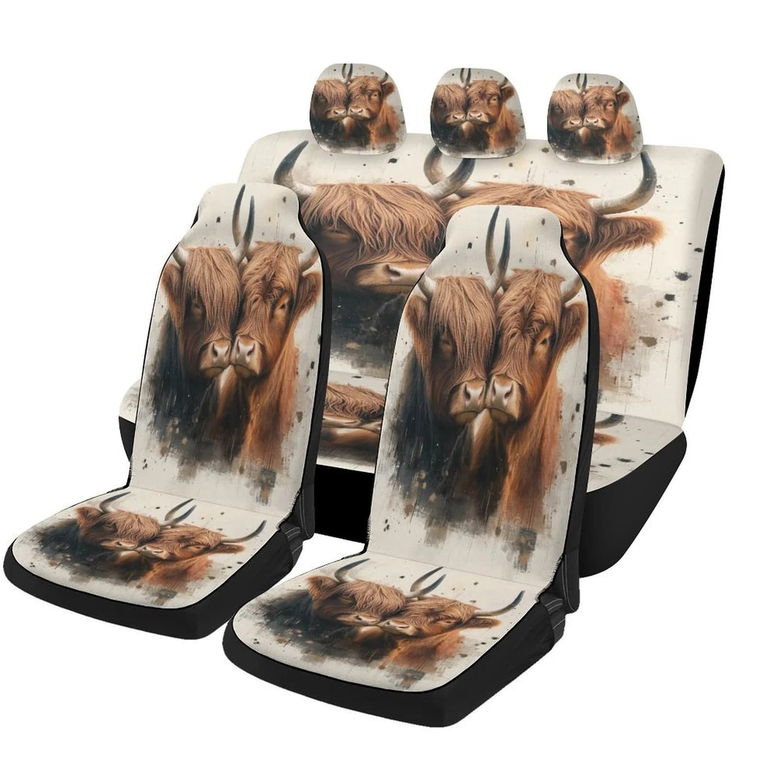 Highland Cows Themed Car Seat Cover Set For Most Cars, Decorative Trendy High-quality Car Seat Protector Covers Full Set, Car S