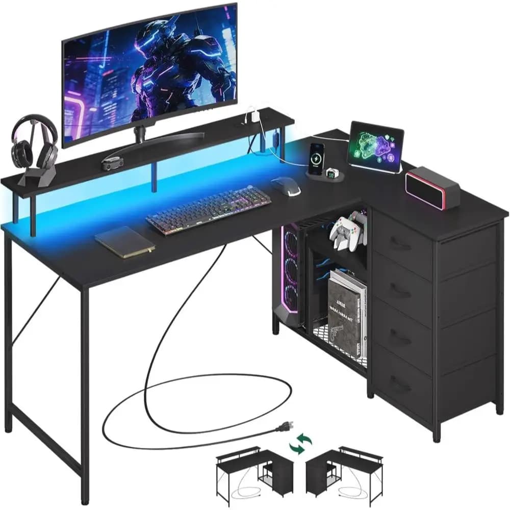 Scrivania a L con 4 Cassetti, Scrivania da Ufficio Reversibile da 61 Pollici con Prese di Corrente, Scrivania da Gaming a L con Ricarica USB