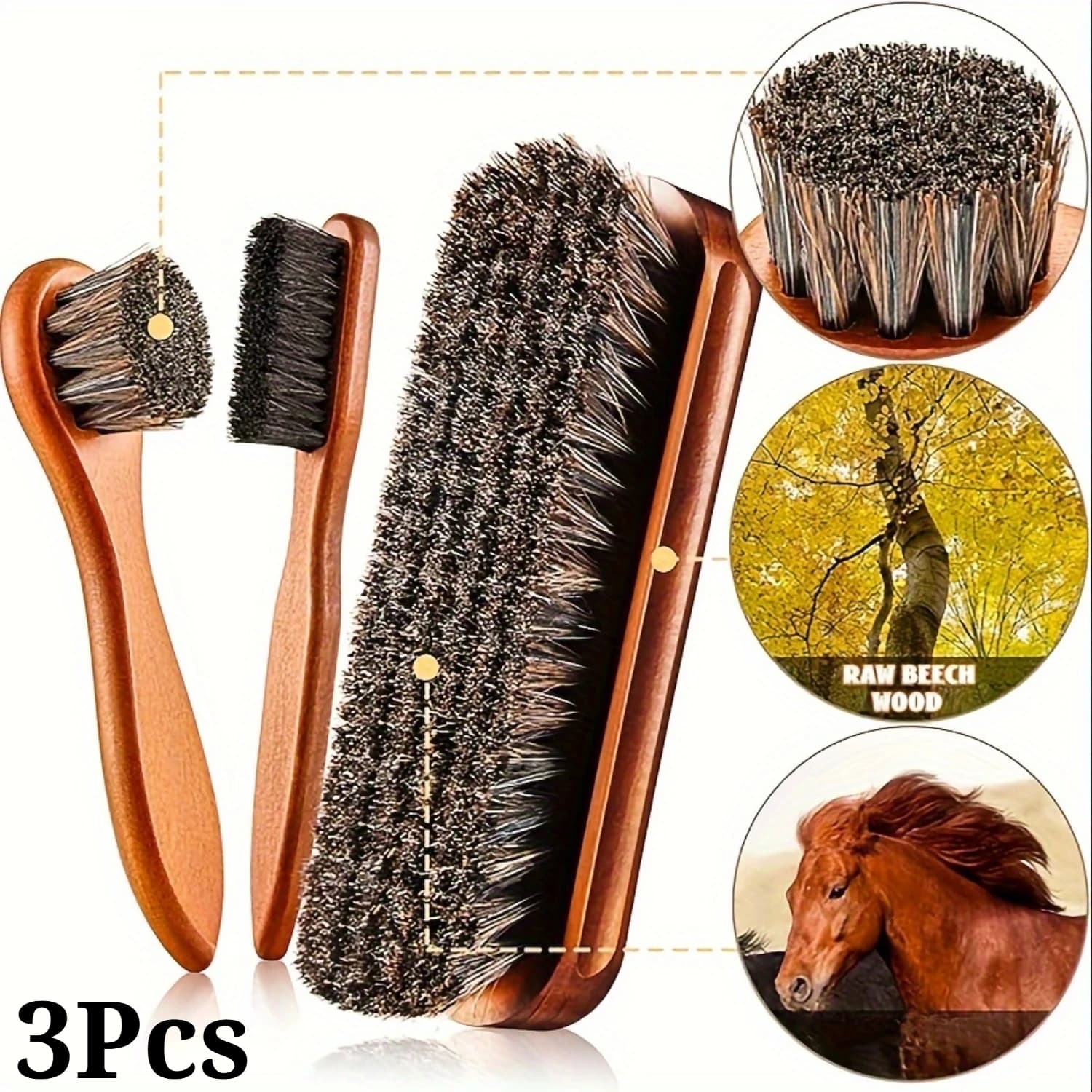 Set di 3 Spazzole in Crine di Cavallo per Lucidatura Scarpe, Applicatore per Pulizia, Spazzola per Cura di Scarpe e Stivali, Spazzola per Pulizia Scamosciato, Pulizia Dettagli Interni Auto