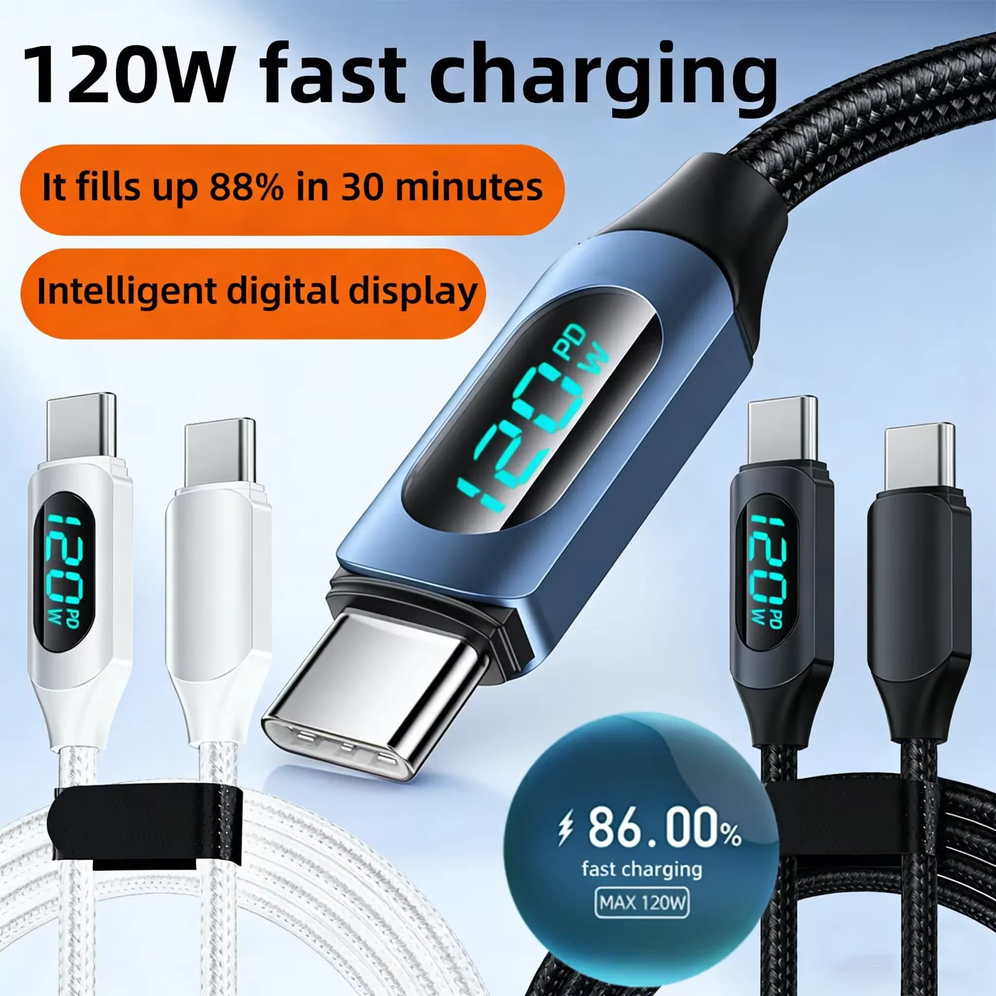Cavo di ricarica rapida USB-C da 120W con display LED per iPhone 17/16 Pro Max, Xiaomi, Samsung - Cavo caricabatterie in nylon intrecciato