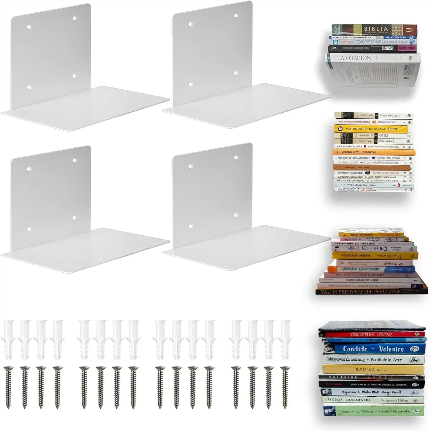 Mensole Galleggianti da Parete, Organizzatore in Ferro Resistente per Casa, Ufficio, Aula, Biblioteca, Bianco, Grande, Confezione da 4