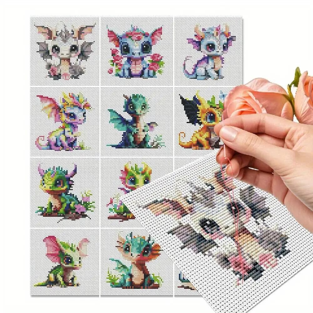 12Pcs Dragon Cross Stitch 11CT Printed Fabric Embroidery Kit Animal Set Needlework Handcraft And Creativity Wall Decoration