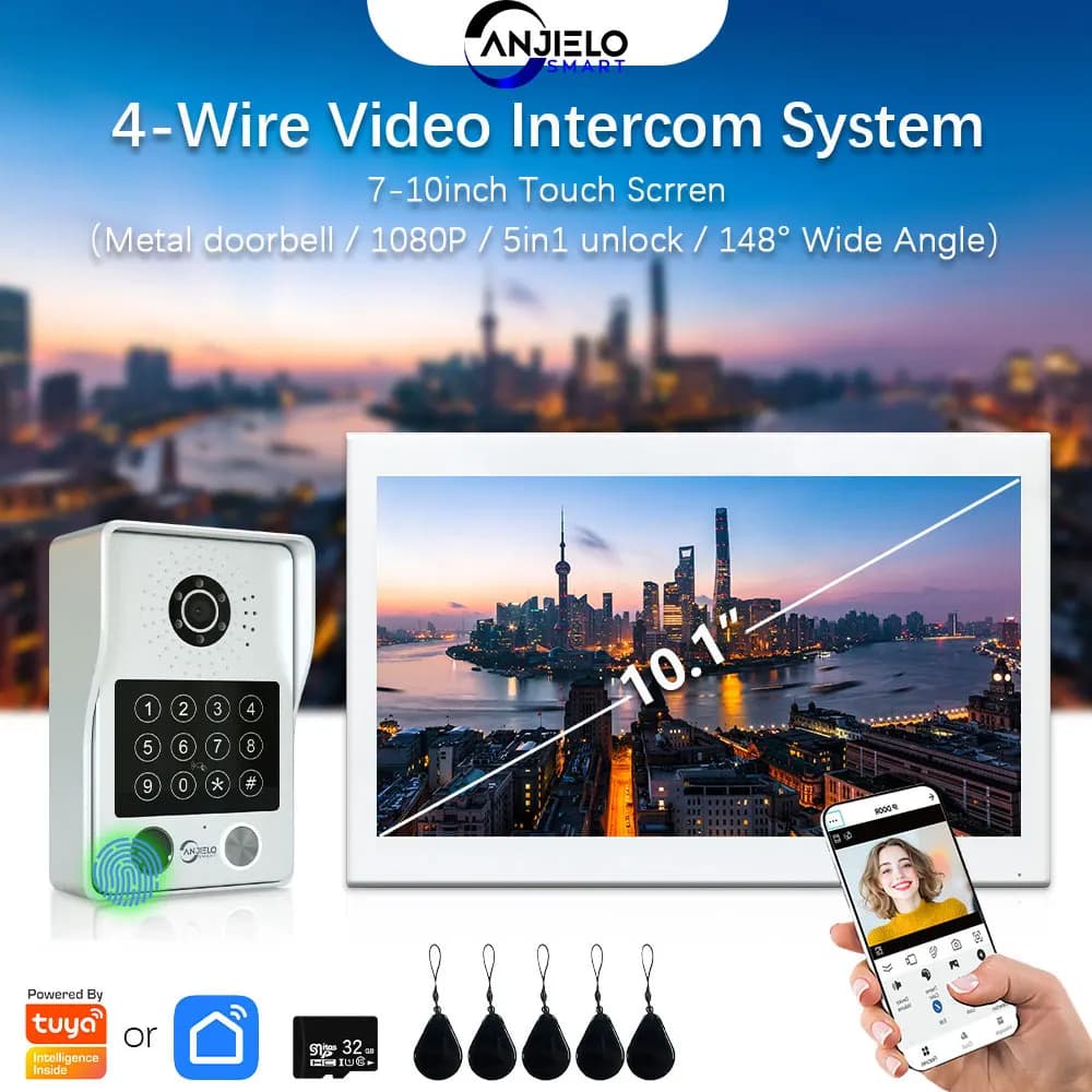 ANJIELO Impronte digitali 5in1 Sblocca Tuya Smart Visual Phone Videocitofono con rilevatore di movimento 1080P