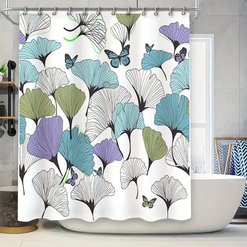 Tenda da doccia moderna per bagno con design a foglia di ginkgo, tessuto in poliestere stampato decorativo, blu, bianco, verde, viola, colorato