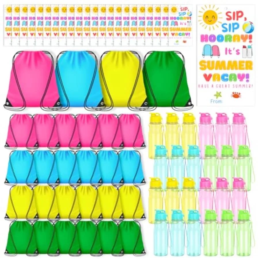 Set da 24 Regali di Fine Anno per Studenti: Bottiglie d'Acqua in Plastica da 17 oz con Biglietti, Zaini con Coulisse, Articoli Sportivi per Aula e Laurea