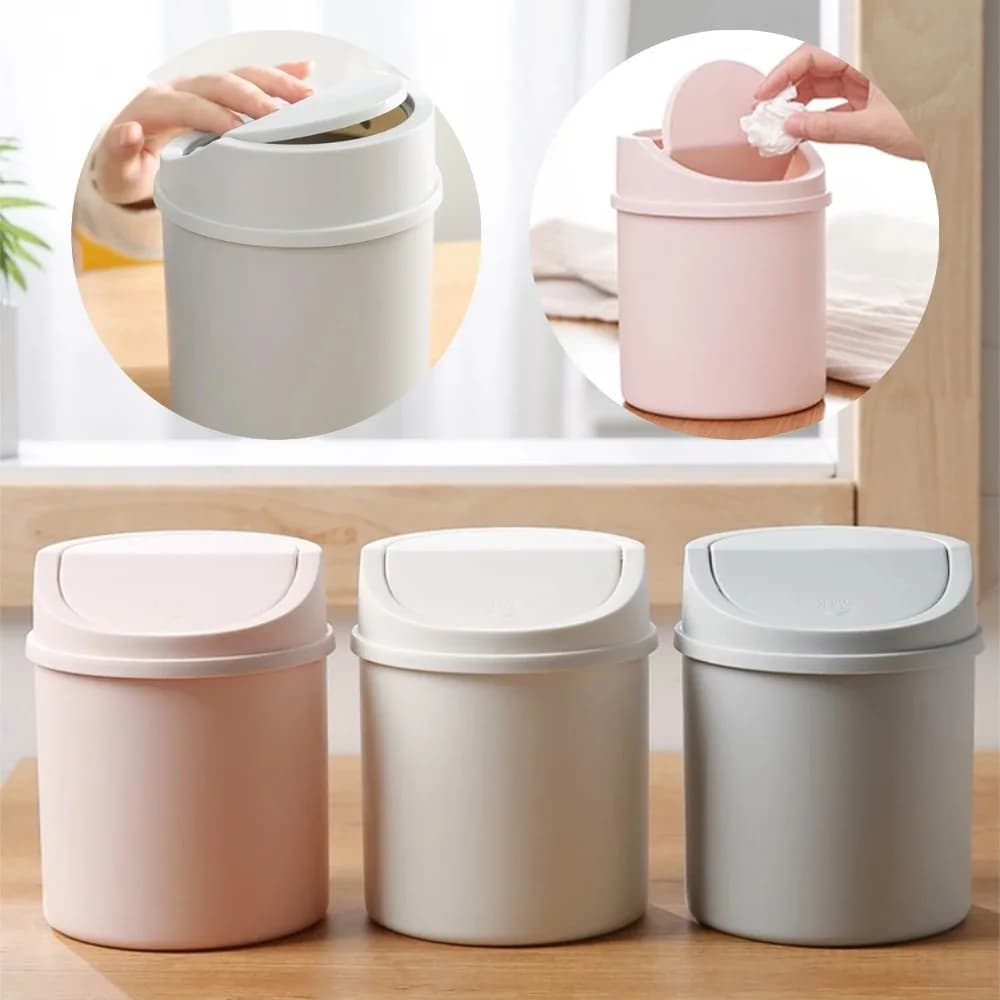 Mini Cestino da Scrivania con Coperchio a Pressione, Piccolo Contenitore per Rifiuti per Ufficio e Camera da Letto, Bidone Portatile Salvaspazio
