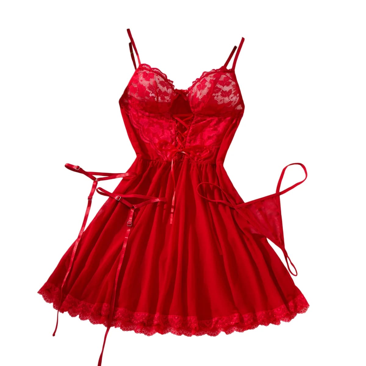 Reggiseno sexy e reggicalze Lingerie Hot Red Babydoll Dress Donne erotiche Set squisiti da 3 pezzi Perizoma Camicia da notte Set con anelli per le gambe