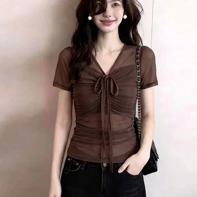 Chic V-Neck Mesh Splice Short Sleeve T-Shirt Women's Summer Miniature Sexy Style Dazzling Age-Defying Top in Polyester