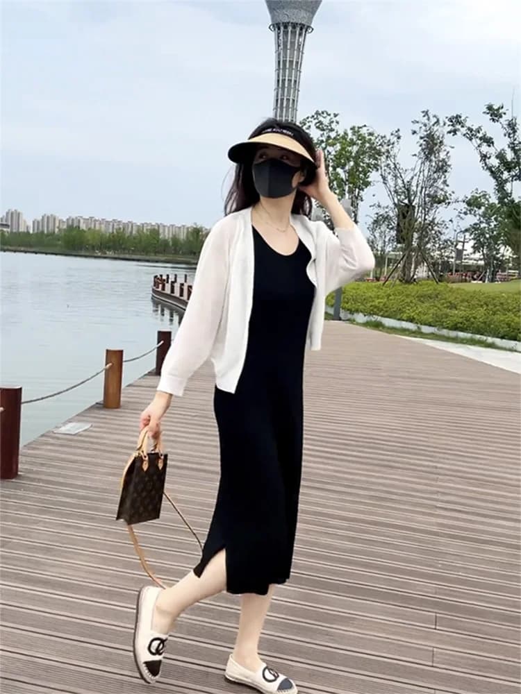 Women's Knitted Cardigan Jacket Ice Silk Thin Style Outerwear Shoulder Shawl Strap Dress Top Fashionable Small Shirt