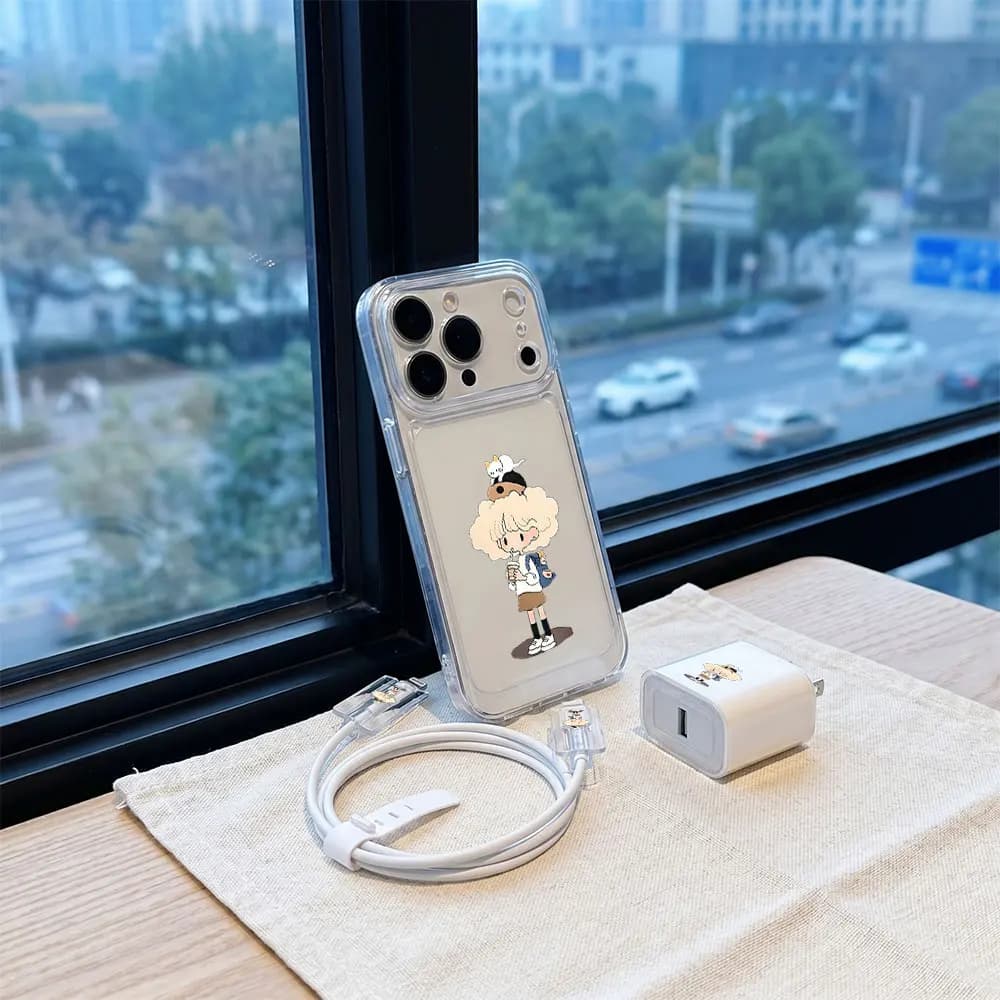 Set Custodia Trasparente e Protezione Cavo Caricabatterie per Ragazze Amanti dei Gatti per iPhone 17 16 15 14 13 Pro Max