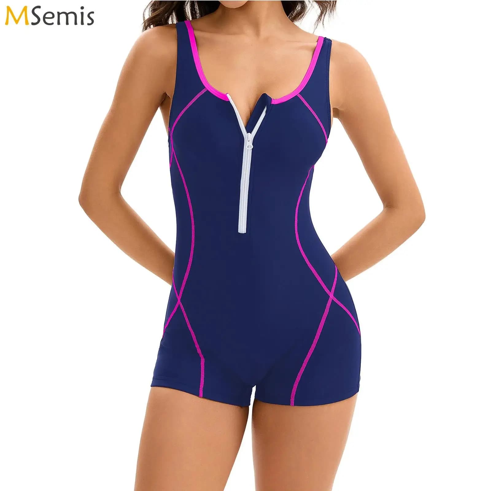 Women's Swimsuit One Piece Sports Swim Suits Chest Pad Front Zip Short-Style Bottoms Swimwear Competitive Swimming Bathing Suit