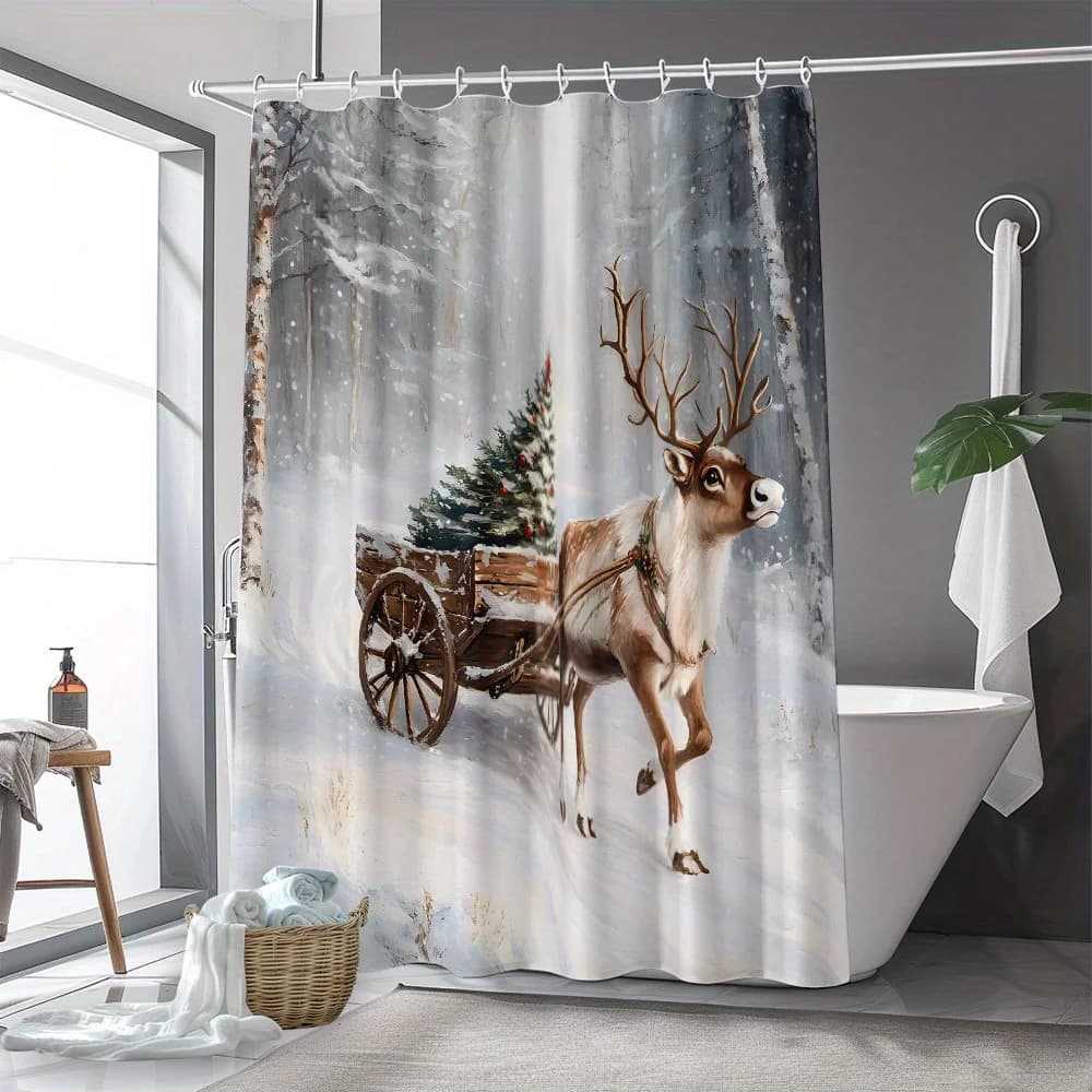 Tende da doccia per bagno, renna di Natale con albero di Natale Tenda da doccia stampata Decorazione da bagno Decorazione della casa