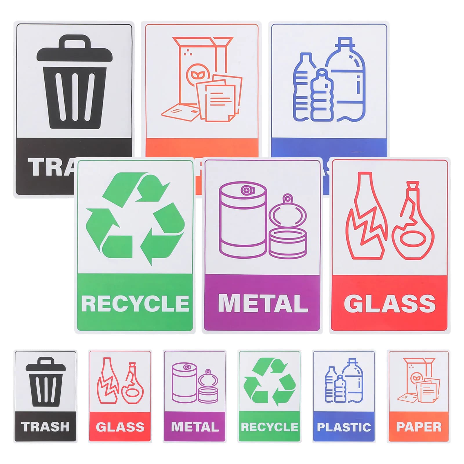 Etichette Adesive Riciclabili per Contenitori di Rifiuti, Impermeabili in PVC, per Bidoni della Raccolta Differenziata, Vetro, Plastica, Metallo, Carta