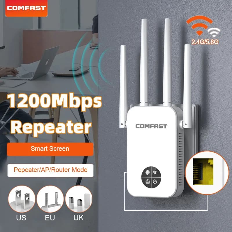 Comfast 1200Mbps Ripetitore Wifi 2.4/5.8G WIFI Extender WIFI 5 Router 4 antenne 100Mbps 1 * Porta LAN/WAN Pulsante di ripristino Spina UE/USA/Regno Unito