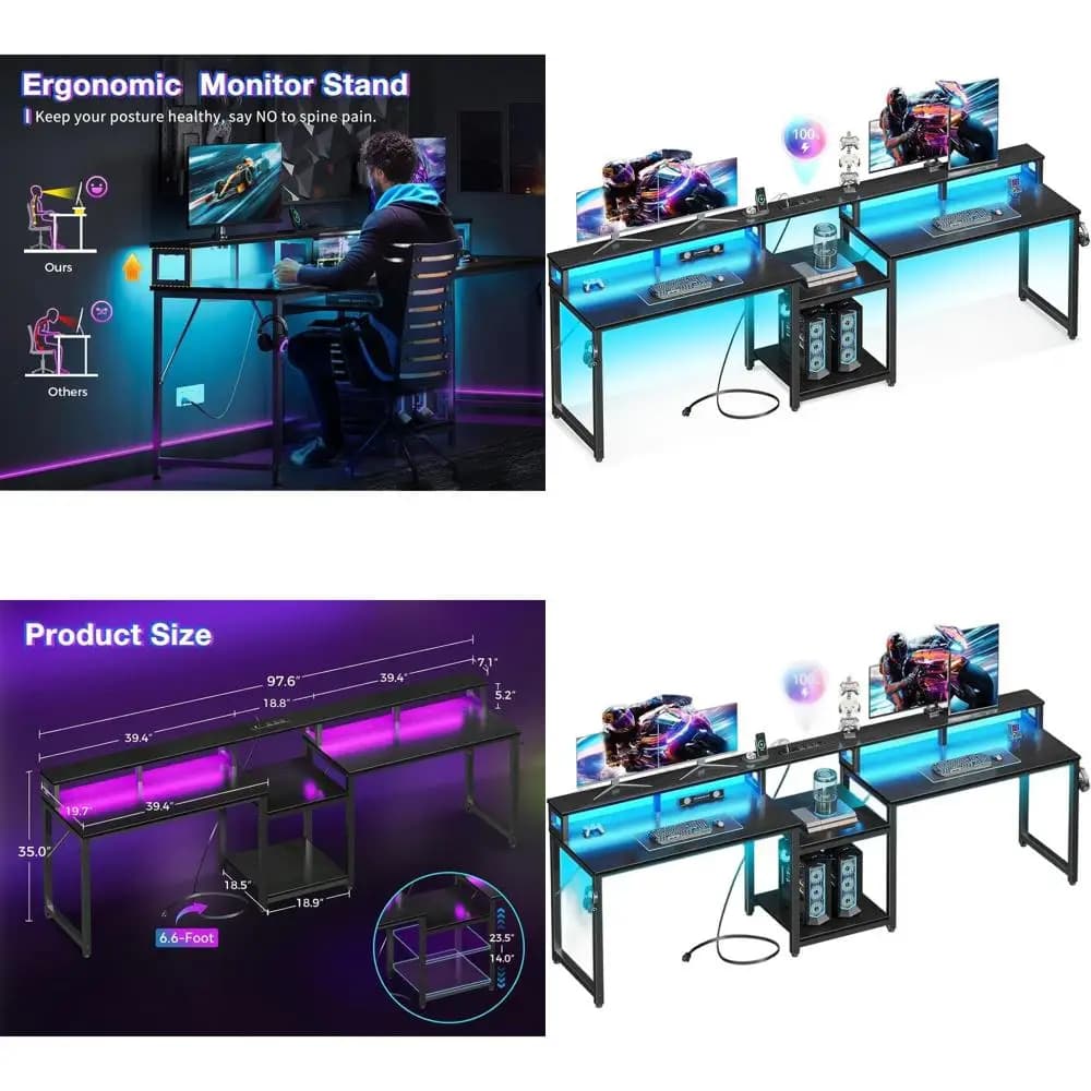 Scrivania da Gaming Doppia 98 con Spazio di Archiviazione, Porta USB e Luci LED, per Ufficio/Studio, Nera