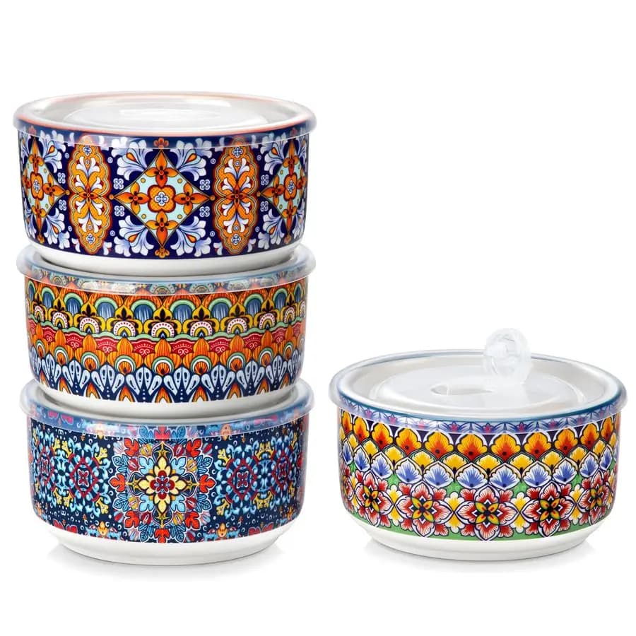 Set di 4 ciotole in ceramica da 36 oz con coperchi, contenitori per alimenti da 6 pollici e ciotole per la preparazione di pasti, per avanzi, zuppe, cereali, preparazione dei pasti, ecc.