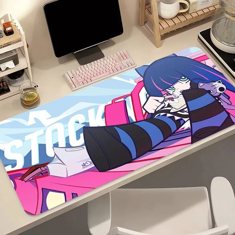 Tappetino per mouse anime esteso con design Garterbelt, tappetino da scrivania in gomma resistente a tema Panty Stocking, supporto per tastiera per giocatori