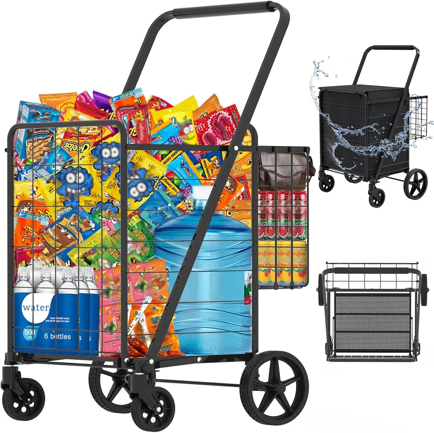 Heavy Duty Folding Shopping Cart with 360 ° Wheels, Waterproof Bag, contains 320 pounds for food and laundry