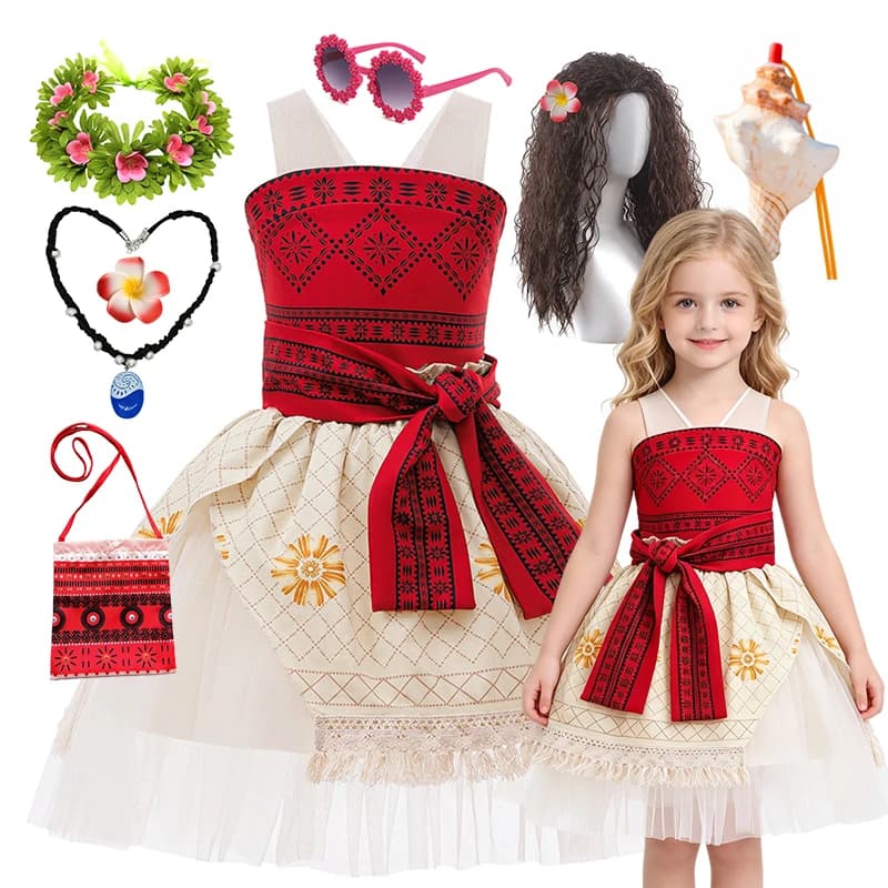 Girls Tropical Island Cosplay Dress Kids Hawaiian Style Costume With Full Accessories For Halloween Carnival Party
