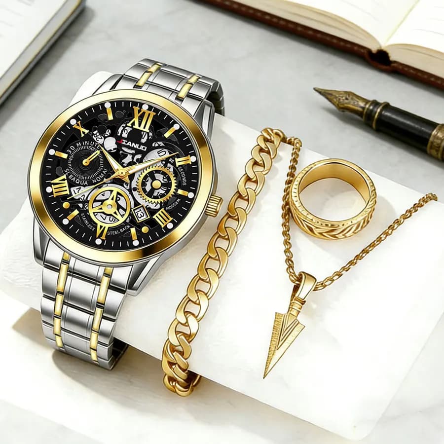 Orologio da uomo di lusso con cinturino in acciaio, orologio al quarzo classico luminoso con quadrante scheletrato, set da 4 pezzi con anello e collana alla moda abbinati
