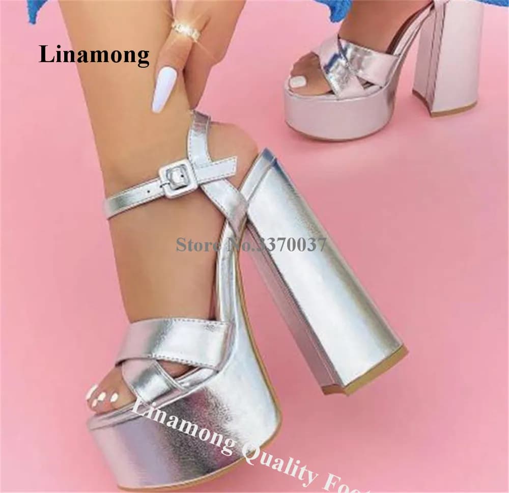 Linamong Straps Cross Chunky Heel Sandals Open Toe Silver Gold Leather High Platform Buckles Thick Heel Sandals Wedding Heels