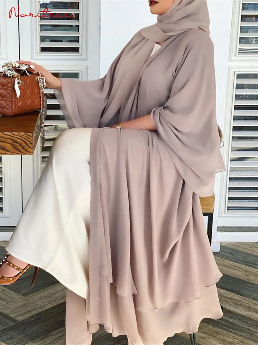 Fashion Chiffon Abaya Kimono Dubai Cardigan Muslim Abaya Women's Casual Dress Islam Belt F2664
