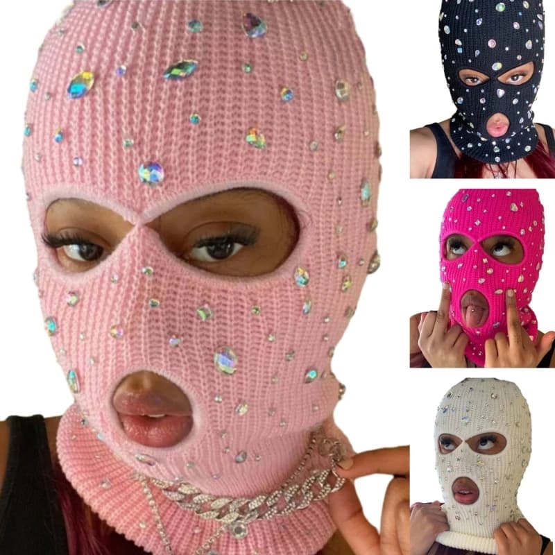 Passamontagna Blingbling Copriviso Cappello ingioiellato Scaldacollo con cappuccio per berretto passamontagna cosplay di Halloween all'aperto