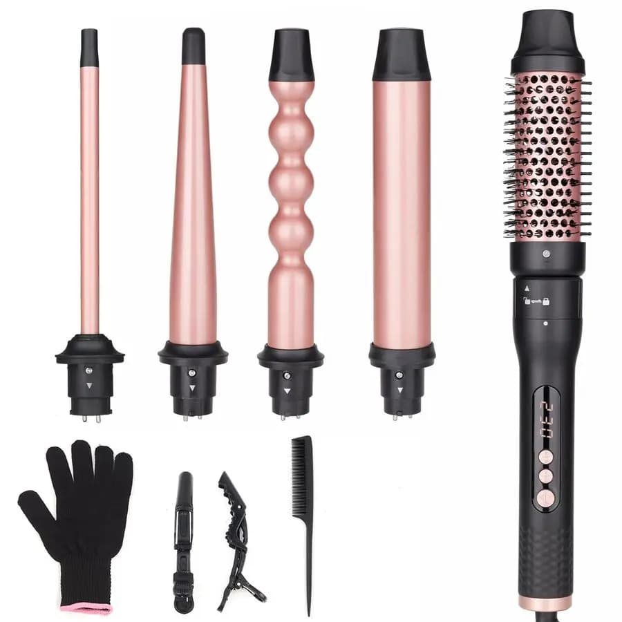 Set of 2 in 1 curling brushes with thermal brush and 4 interchangeable ceramic curling rods from 0.5-1,25, rapid heating, double voltage
