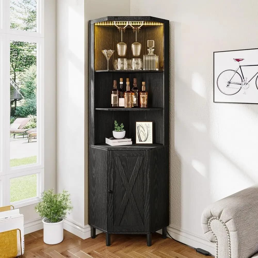 Armadietto da bar ad angolo illuminato a LED con supporto in vetro, ripiano portaoggetti a 5 livelli, espositore per vino per soggiorno, sala da pranzo, aree cucina, Bla