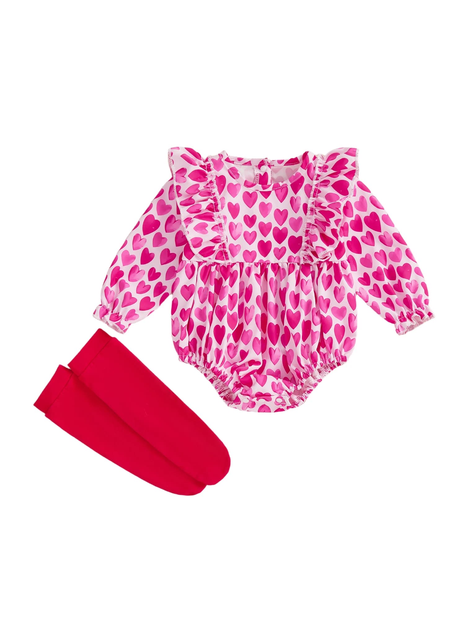 Set da 2 pezzi per bambina, per San Valentino, con stampa a cuore, volant, girocollo, maniche lunghe, pagliaccetto e collant con tema d'amore