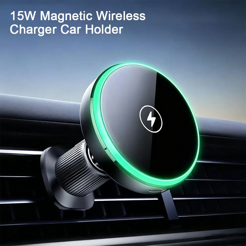 Magnetic Wireless Car Charger Holder with LED Light Vent, Compatible with All Qi-Compatible Phones Including iPhone.
