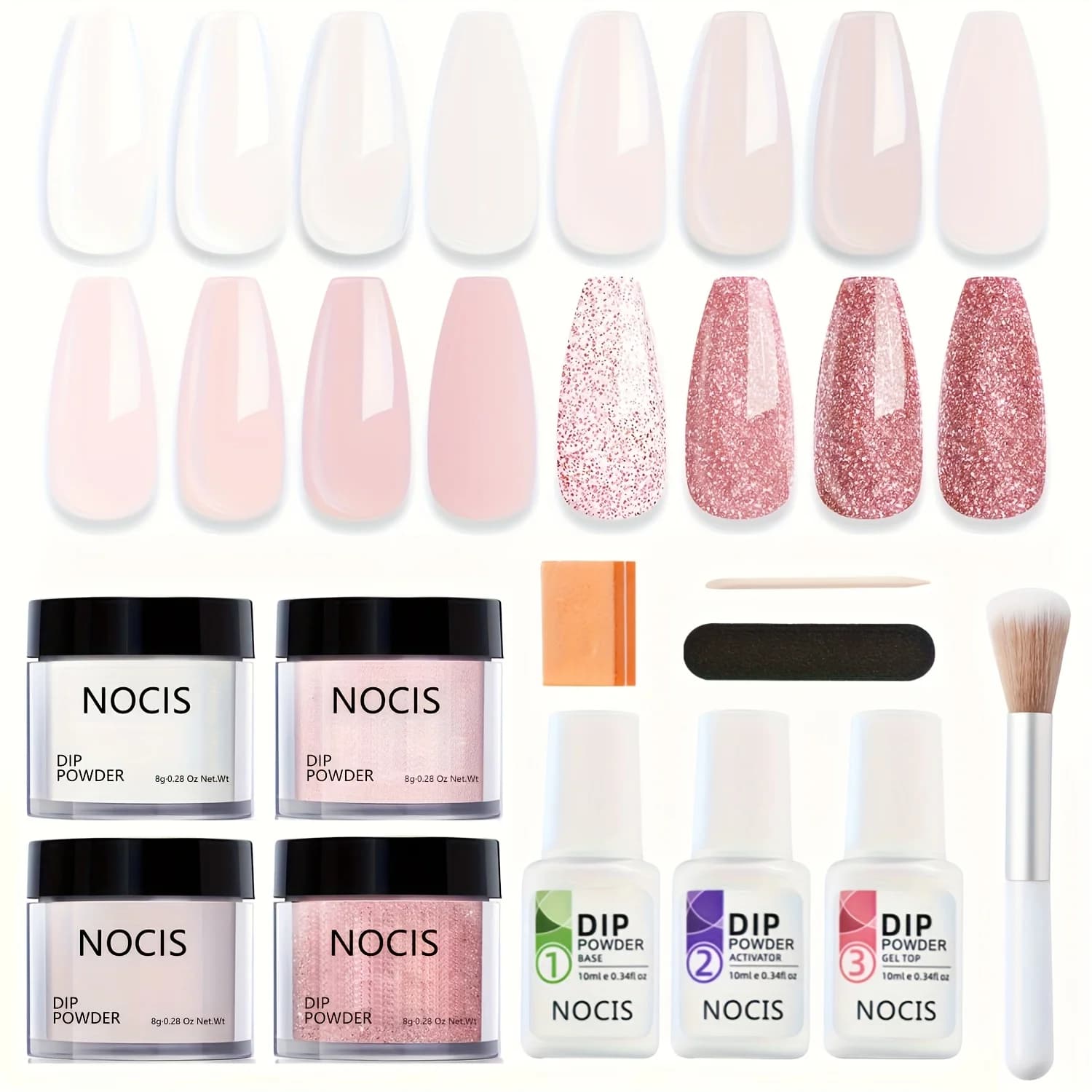 Kit per Unghie in Polvere Dip da 11 Pezzi | Set di 4 Colori di Polvere Glitterata per Unghie in Rosa Nude, Bianco e Grigio con Top/Base Coat e Attivatore