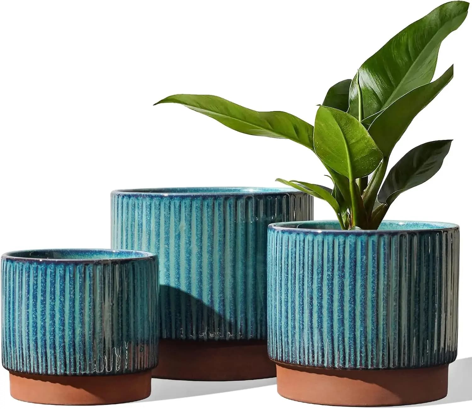Set of 3 Ceramic Plant Pots with Drainage Holes, 8+6.7+5.5 Inch Stripe Garden Planter for Indoor Outdoor Plants, Reactive Glaze Green