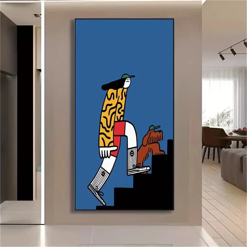 Large Frameless Vertical Abstract Art Painting - Klein Blue Minimalist Human & Dog Relationship Wall Decor, High-Quality Printed