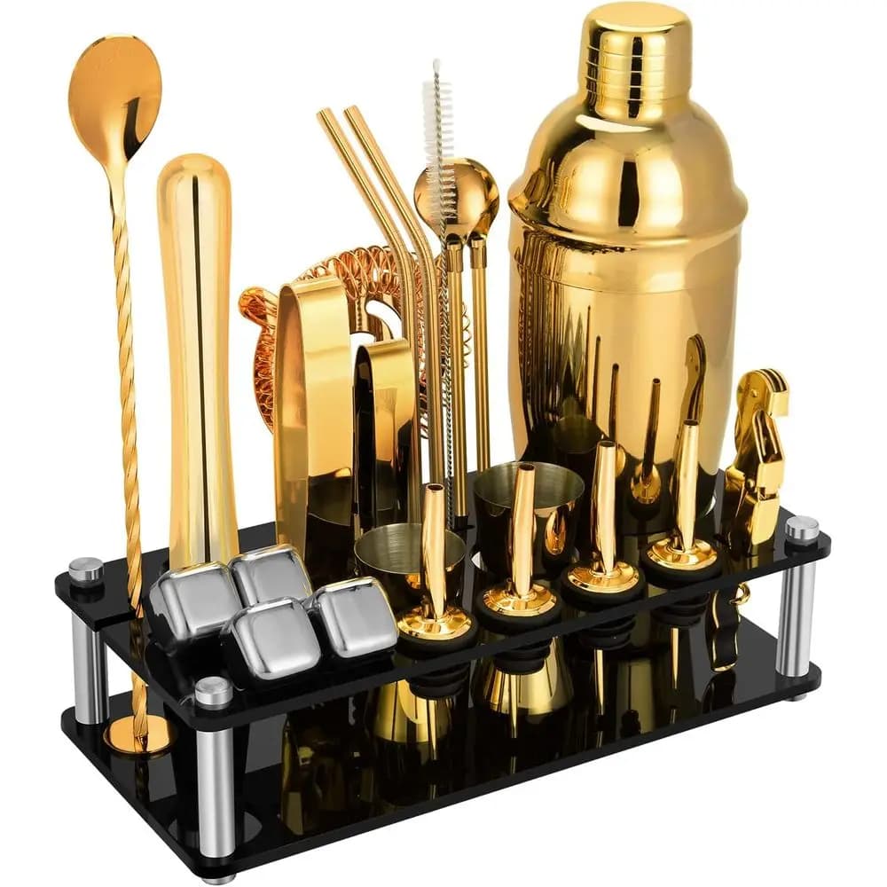Set da Cocktail in Oro da 23 Pezzi con Supporto in Acrilico, Kit da Barman e Libretto di Ricette per Cocktail