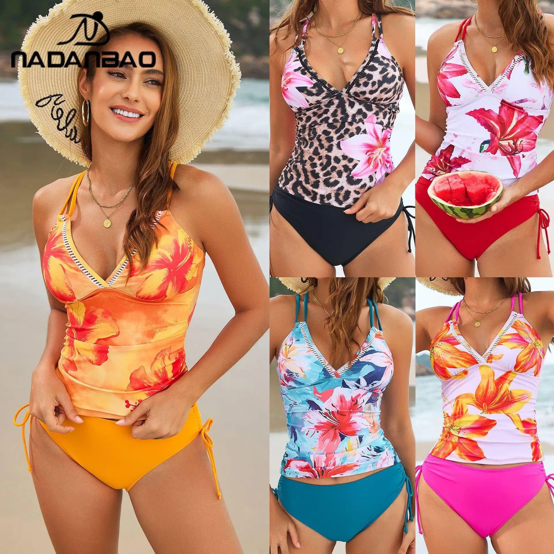 Nadanbao Bikini da donna con stampa floreale, canotta con scollo a V, set di costumi da bagno in due pezzi, costume da bagno ad asciugatura rapida, abbigliamento da spiaggia