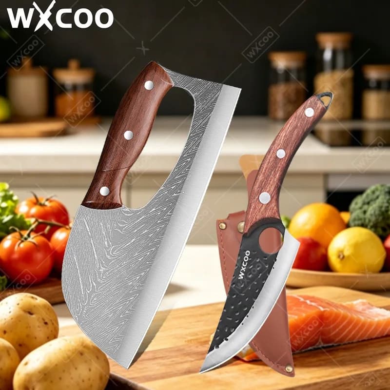Coltello da Cucina WXCOO Forgiato a Mano, Acciaio Inossidabile, Manico in Legno, Multifunzionale e Pratico
