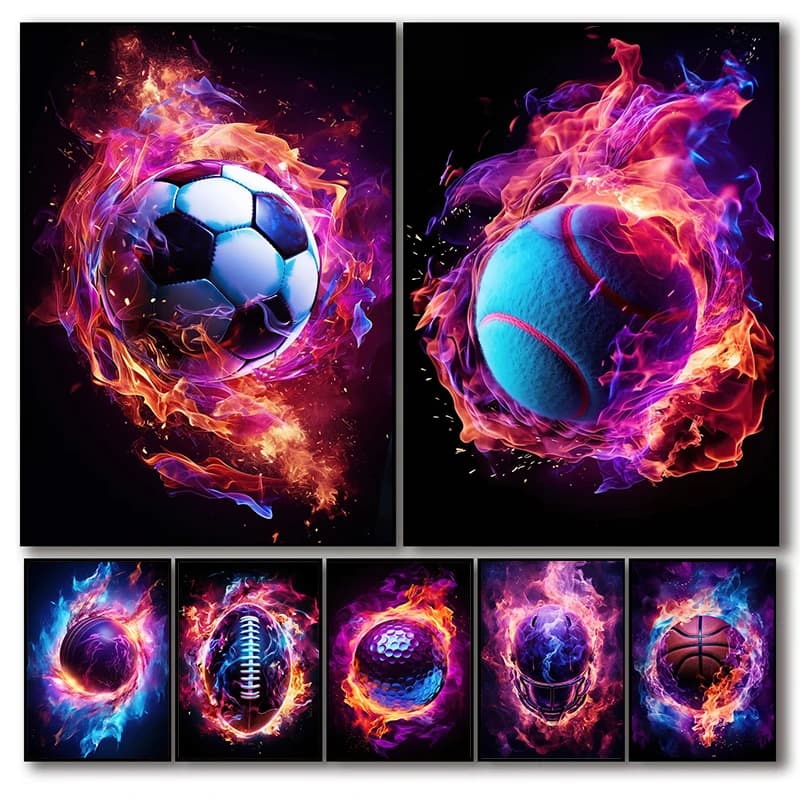 Sports Legends Flame Engulfed Tennis Ball Posters Helmet's Gleam Football Prints Canvas Painting Wall Pictures Home Room Deco