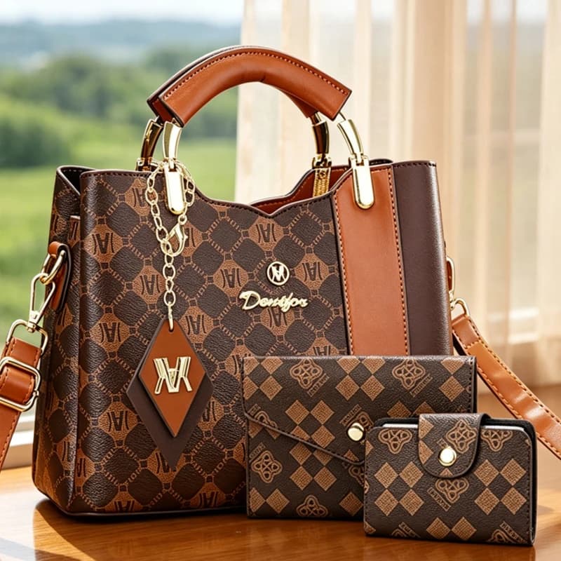 3-piece Women's Handbag Set with Trendy Prints, Bucket Bag with Color-blocked Design and Exquisite Pendant