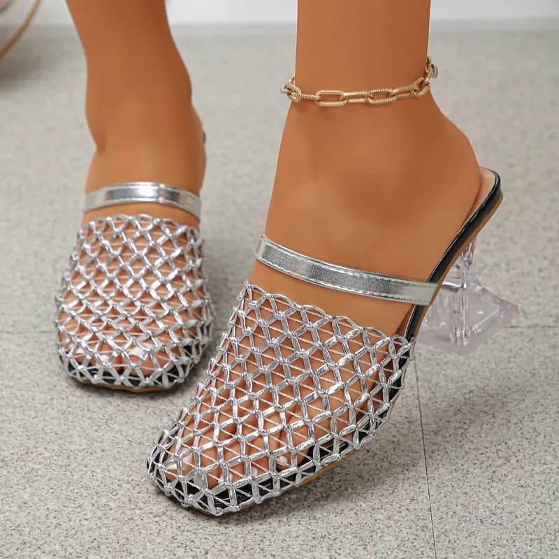 Sandali con tacco alto da donna, modello Baotou, in rete intrecciata traforata, stile semi-pantofole, per l'estate, con design di nicchia.